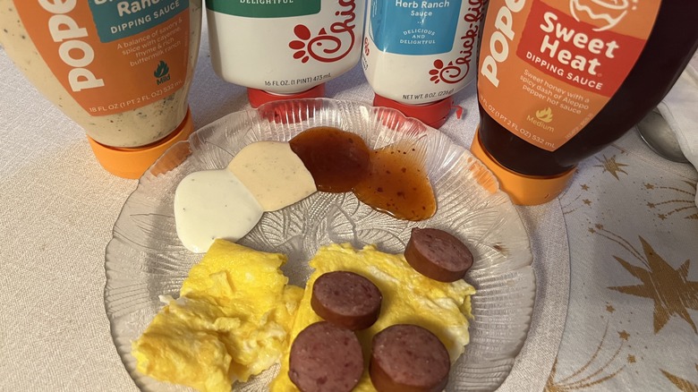 the sauces, eggs and sausage