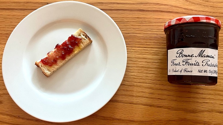 Bonne Maman Four Fruits preserves on bread