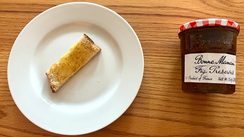 Bonne Maman fig preserves on a piece of bread