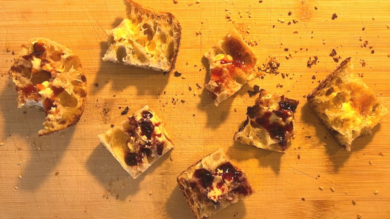 Bonne Maman preserves spread on pieces of baguette