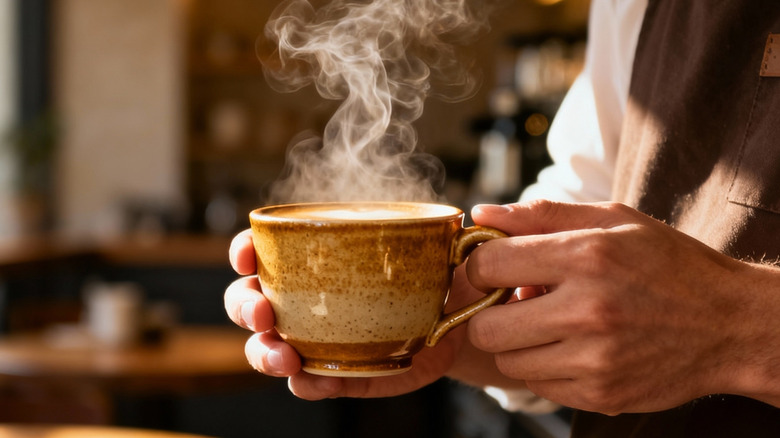 A barista at a coffee shop carrying a hot cup of coffee with both hands
