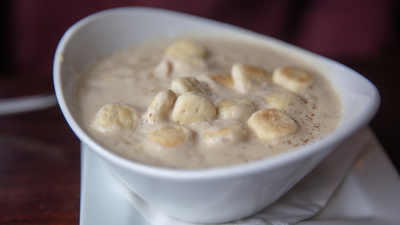Boston Clam Chowder in white bowl, with white napkin