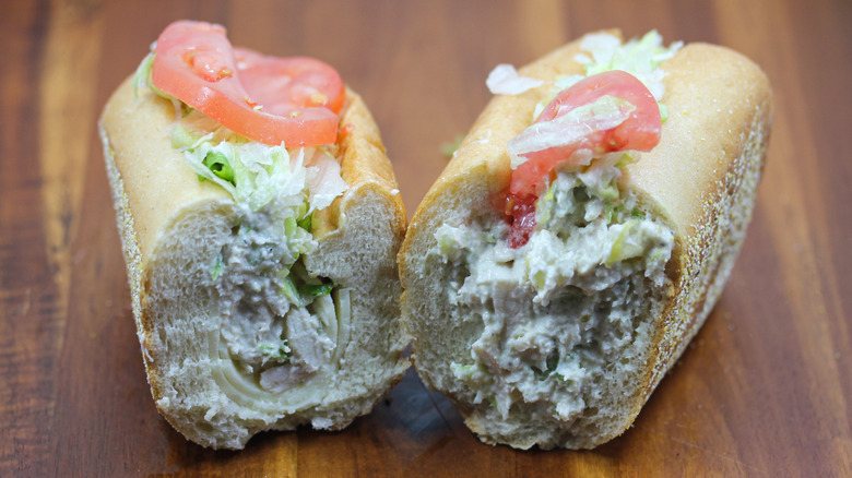 a Wawa chicken salad hoagie sliced in half