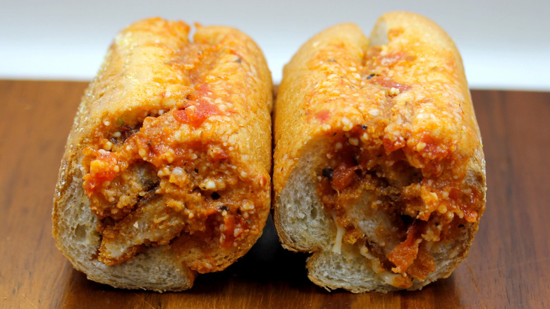 a chicken parm sub from Wawa sliced in half