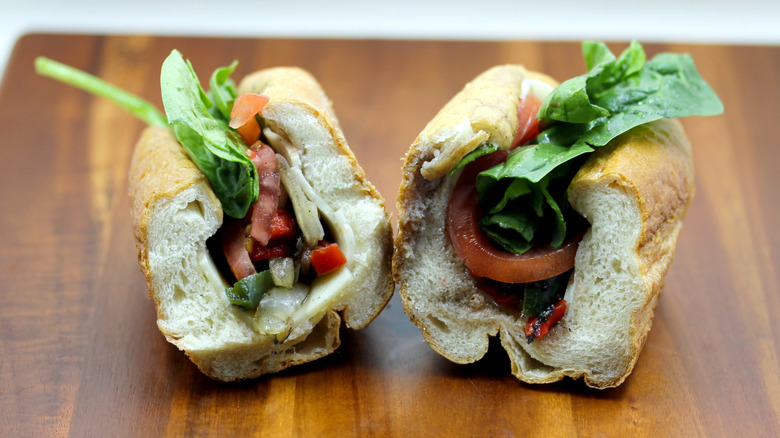 a veggie hoagie from Wawa sliced in half