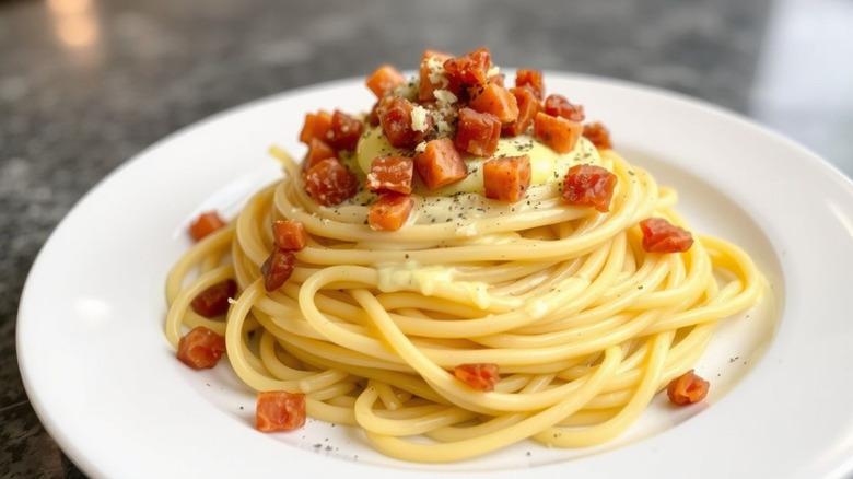 Spaghetti with crispy pancetta