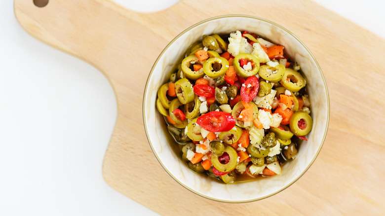 Muffuletta olive salad in a bowl.