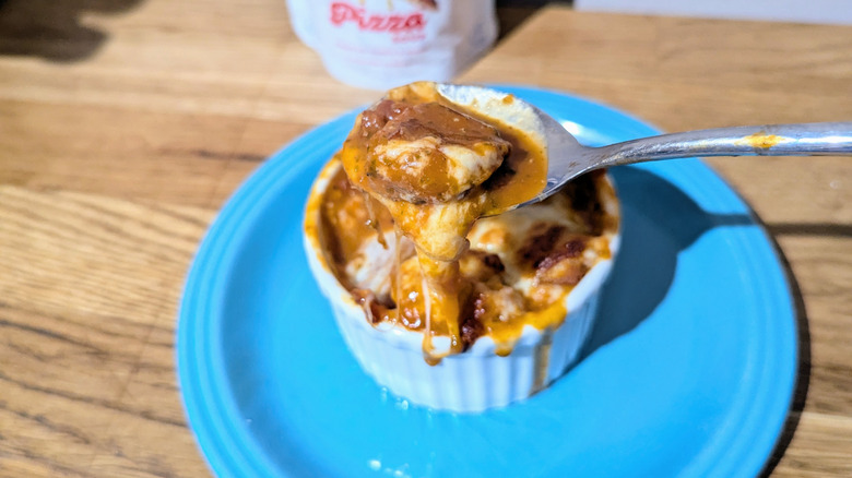 pizza soup with croutons and mozzarella