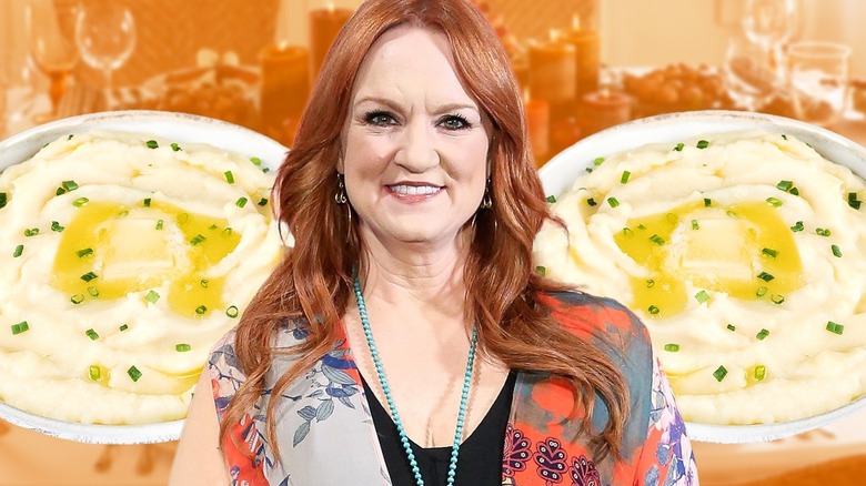 Ree Drummond smiling with buttery mashed potatoes behind her