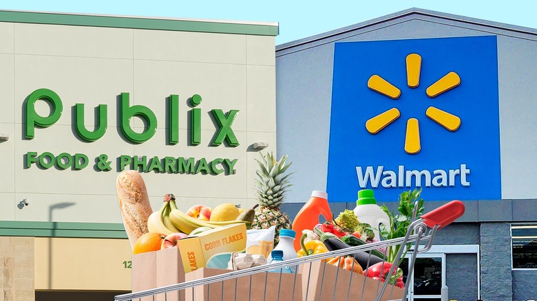 Shopping cart in front of Publix and Walmart