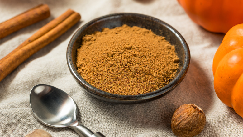 Pumpkin pie spice in a small bowl with cinnamon sticks and a spoon