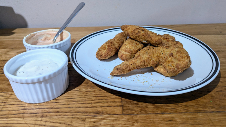 QVC chicken strips with dipping sauces on the side