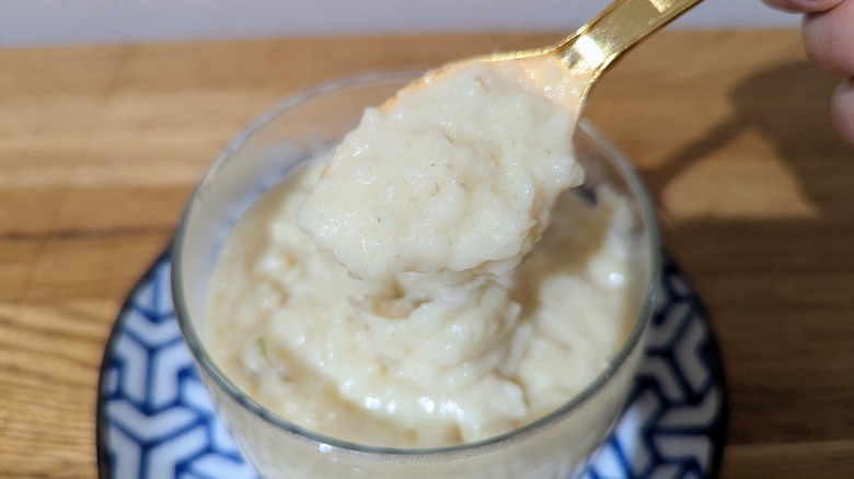 Spoonful of potato chip-based mashed potatoes held up to camera.