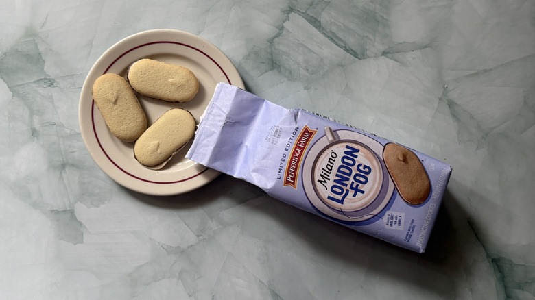 Milano London Fog cookies on a plate beside the bag