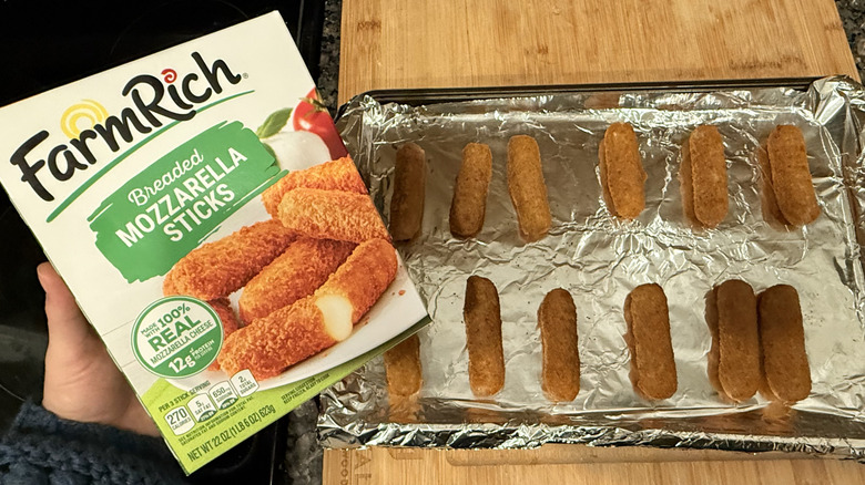 FarmRich mozzarella sticks on pan with box