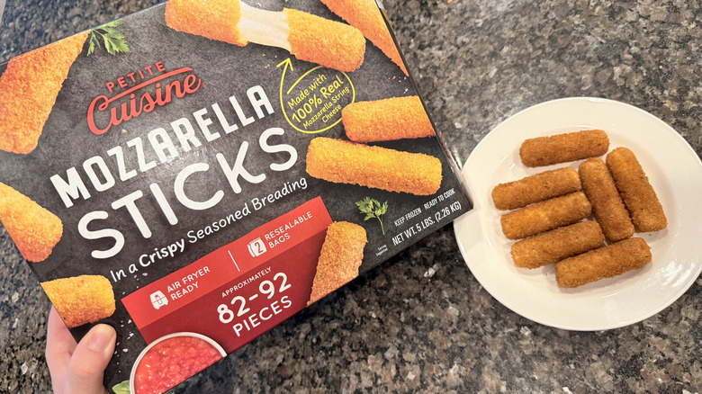 Petite Cuisine mozerella sticks on plate with box nearby