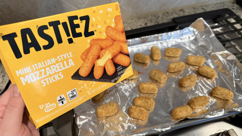 TAST!EZ mini mozzerella sticks on a pan with box