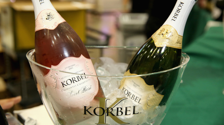 Two bottles of Korbel Champagne in an ice bucket
