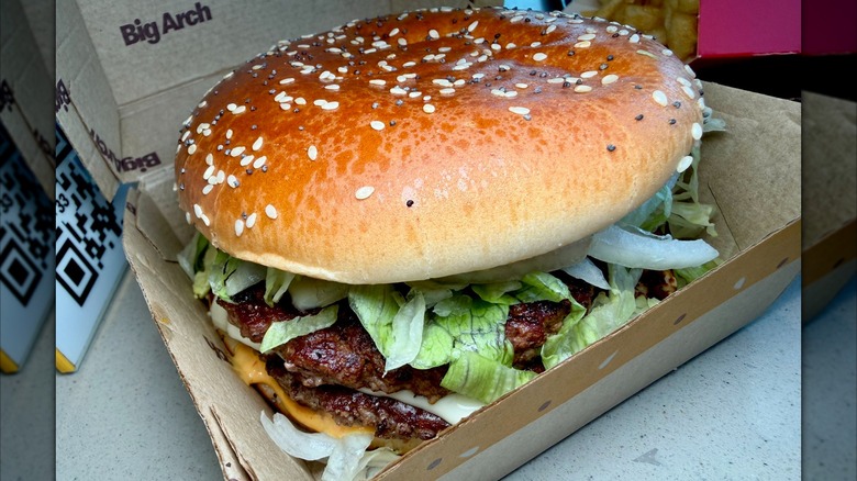 McDonald's Bid Arch burger in cardboard clamshell