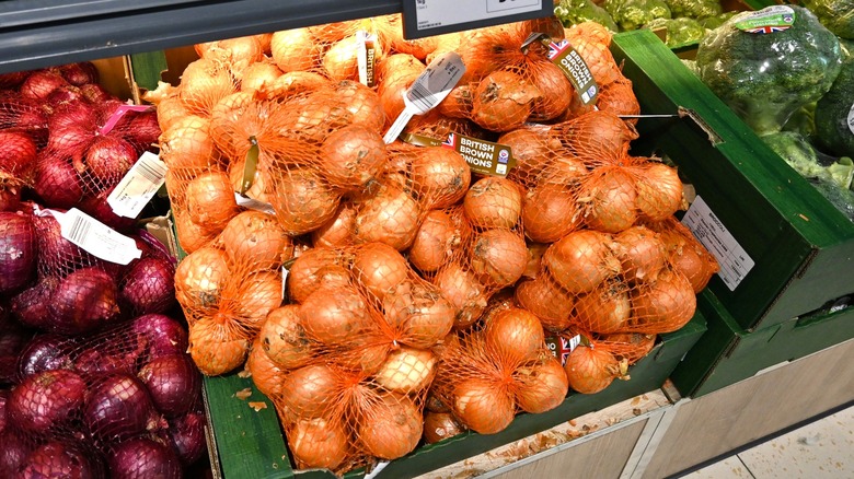 Bagged onions in grocery store