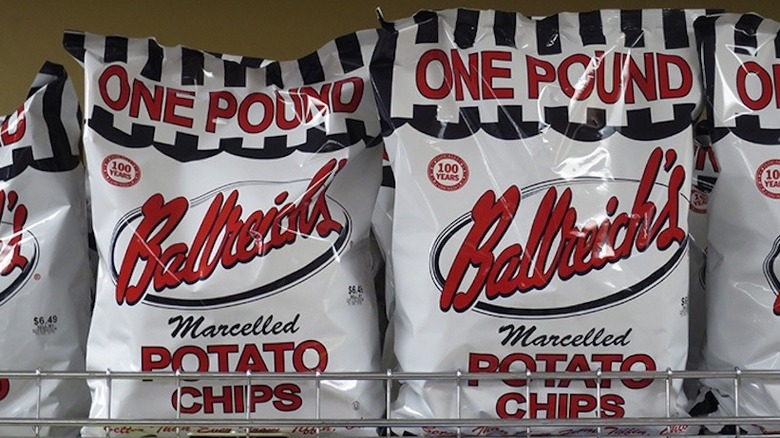 white bags of Ballreich's marcelled potato chips on store rack