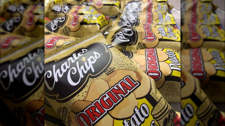 Small bags of charles chips original potato chips in rows