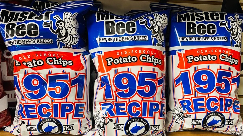 three bags of mister bee potato chips on shelf