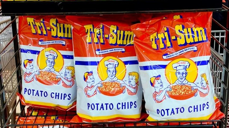 Bags of Tri-Sum Potato Chips on store rack