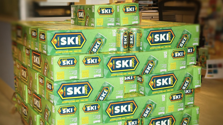 Boxes of Ski soda stacked up