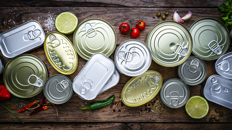 unopened cans of food viewed from above