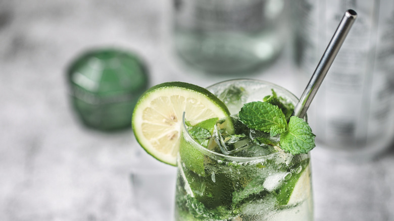 A mojito with a metal straw in it, rests on a bar top, garnished with fresh mint and a slice of lime