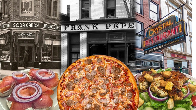 Historic restaurant storefronts and food