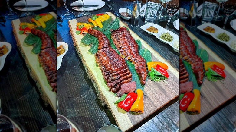 Wooden tray of char siu beef tongue