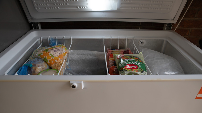 Chest freezer with various frozen foods