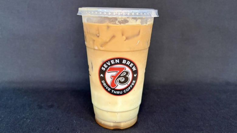 Creamy coffee beverage in clear 7 Brew cup