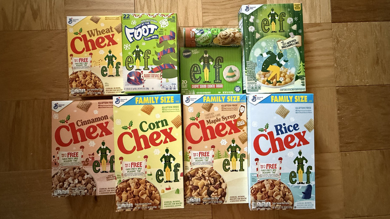 All the General Mills Elf products in branded packaging