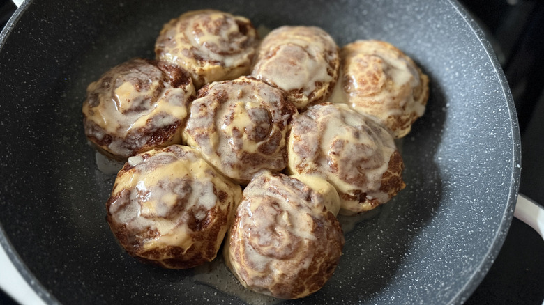 Cinnamon Rolls with Maple Icing in a pan