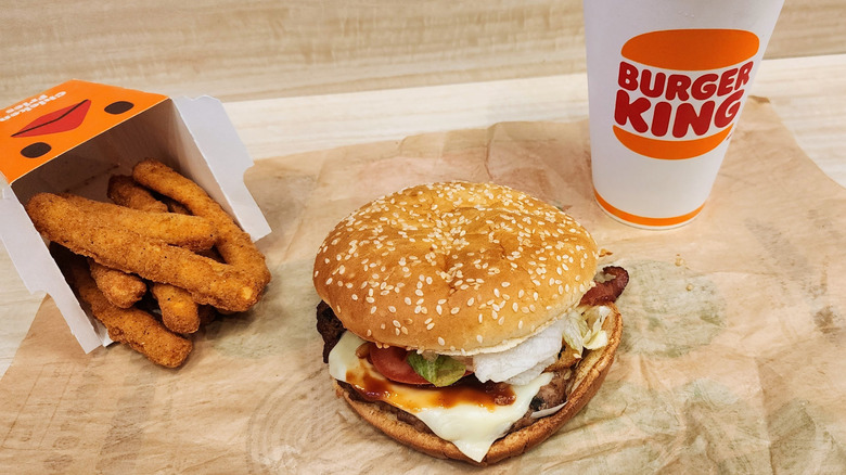 Burger King's Steakhouse Bacon Whopper with Chicken Fries and drink