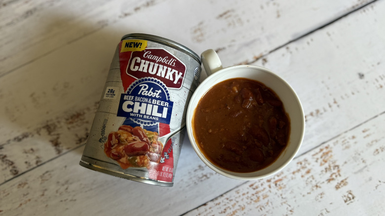 Campbell's Chunky x Pabst Blue Ribbon Beef, Bacon & Beer Chili with Beans in a cup