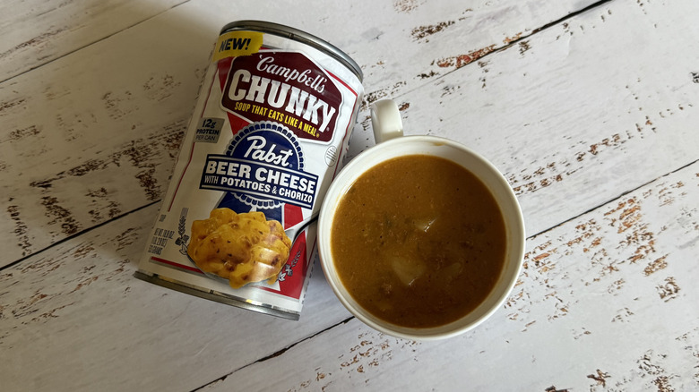Campbell's Chunky x Pabst Blue Ribbon Beer Cheese with Potatoes & Chorizo Soup in a cup