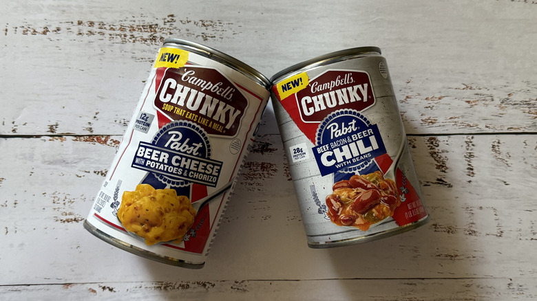 Cans of Campbell's Chunky x Pabst Blue Ribbon chili and soup