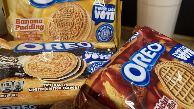 Oreo Chicken & Waffles, Deep Fried, and Banana Pudding Cookies in a single shot with a glass of milk
