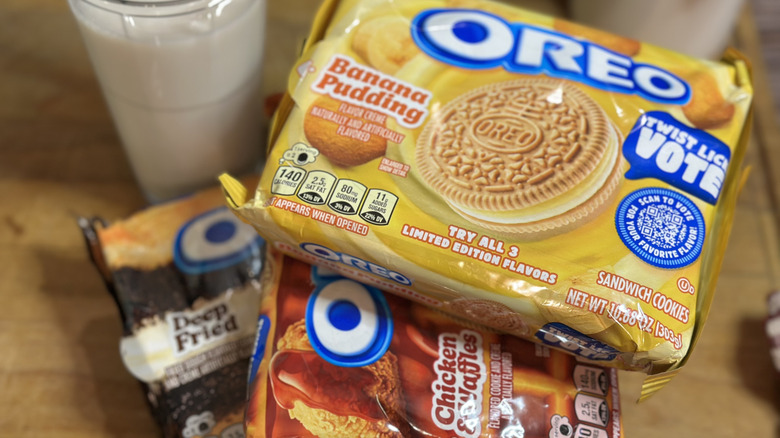 Pile of New Oreo packages stacked on one another; Banana Pudding flavor on top.