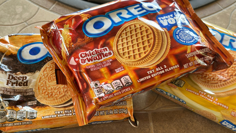 Packages of new Oreo Cookie flavors stacked on a table