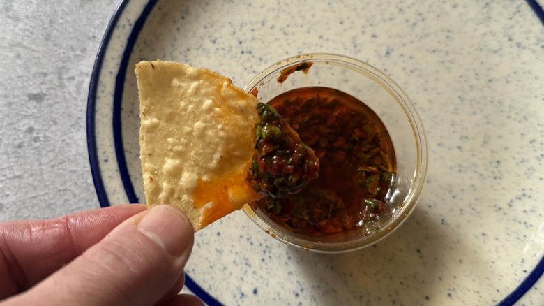a chip dipped in Red Chimichurri Sauce