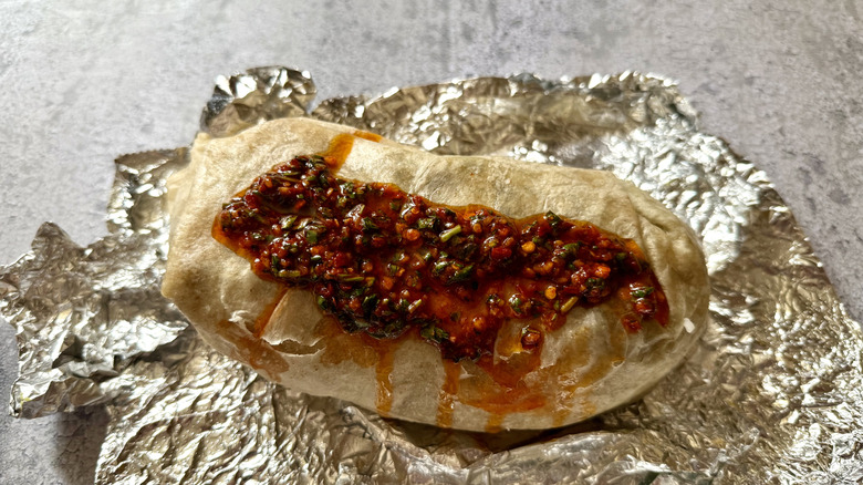 Red Chimichurri Sauce on top of a Chipotle burrito