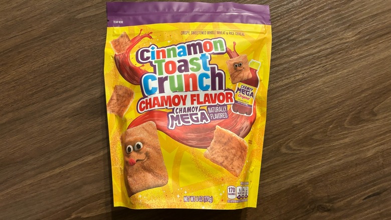 Cinnamon Toast Crunch Mega Chamoy-Flavored Cereal package on wooden surface