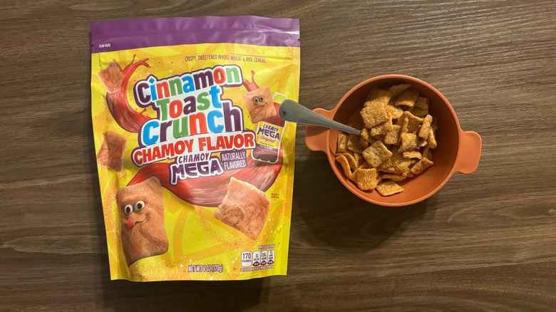 Cinnamon Toast Crunch Mega Chamoy-Flavored Cereal package and dry cereal in bowl