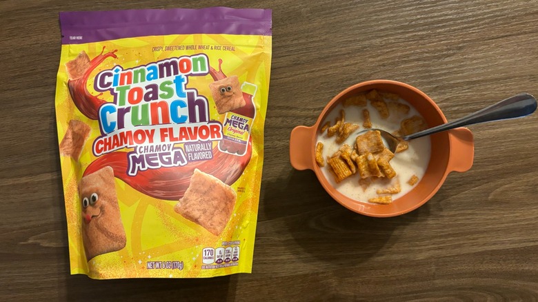 Cinnamon Toast Crunch Mega Chamoy-Flavored Cereal package and cereal with milk in bowl