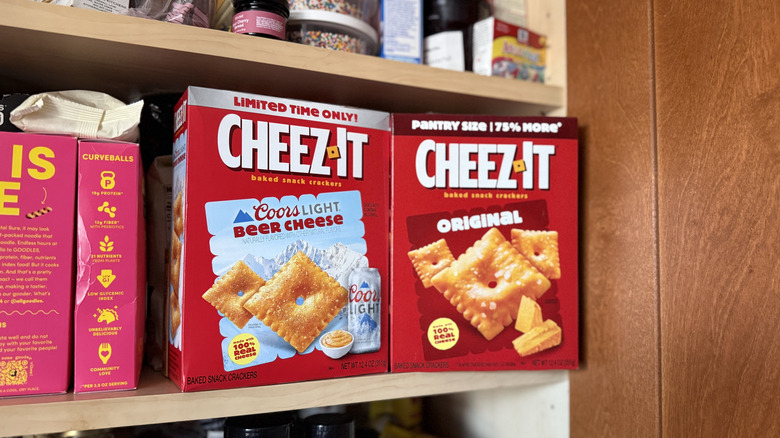 Boxes Cheez-It on a pantry shelf